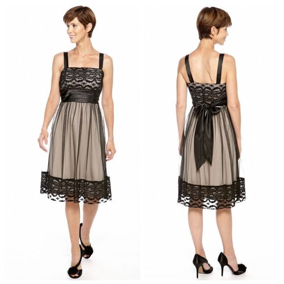 New! R&M RICHARDS Sequin Lace Bodice Tie-Waist Mesh Overlay Dress Black/Taupe 8 - Picture 1 of 4